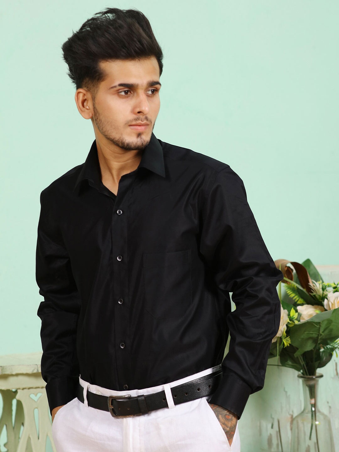 FRENCH CROWN Men Standard Pure Cotton Formal Shirt, Black