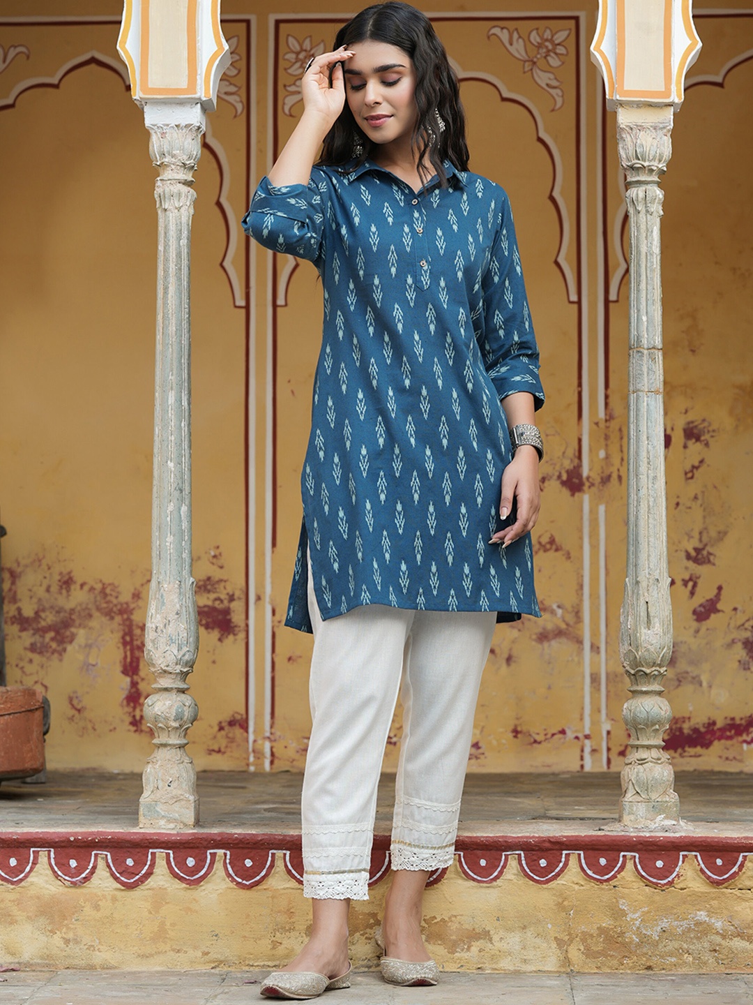 Juniper Women Ethnic Motifs Printed Shirt Collar Pure Cotton Kurti, Navy blue