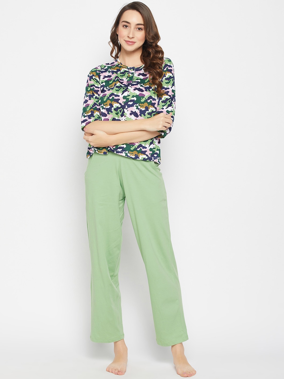 Clovia Camouflage Printed Button Down Pure Cotton Top & Chic Basic Pyjama Set, Green
Clovia Camouflage Printed Button Down Pure Cotton Top & Chic Basic Pyjama Set, Green
