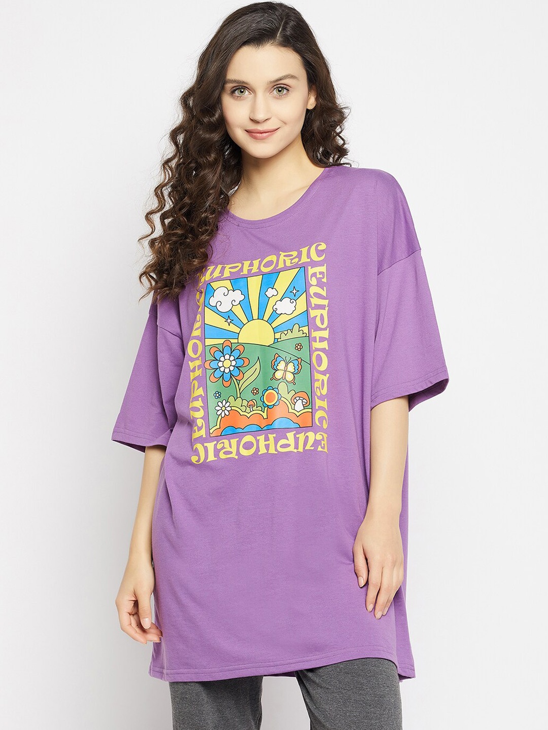 Clovia Women Printed Pure Cotton Oversized Lounge T-shirts, Purple