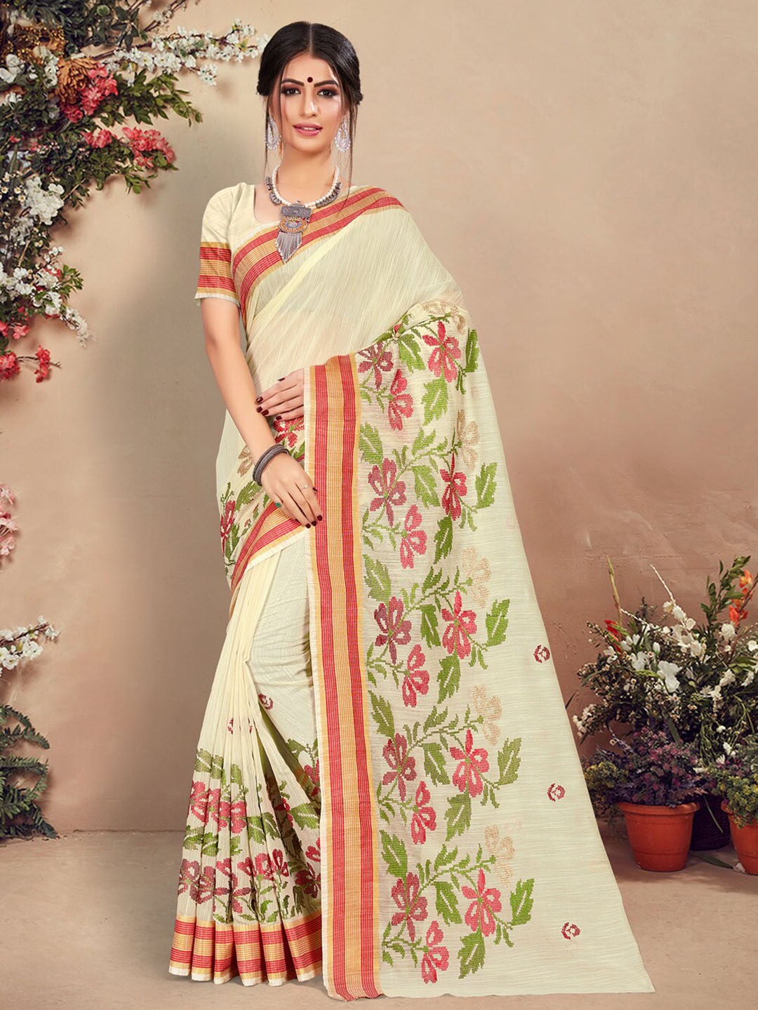 SANGAM PRINTS Floral Cotton Saree, White