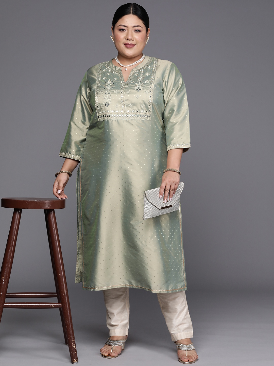 EXTRA LOVE BY LIBAS Women Plus Size Ethnic Motifs Embroidered Mirror Work Kurta, Green
EXTRA LOVE BY LIBAS Women Plus Size Ethnic Motifs Embroidered Mirror Work Kurta, Green
