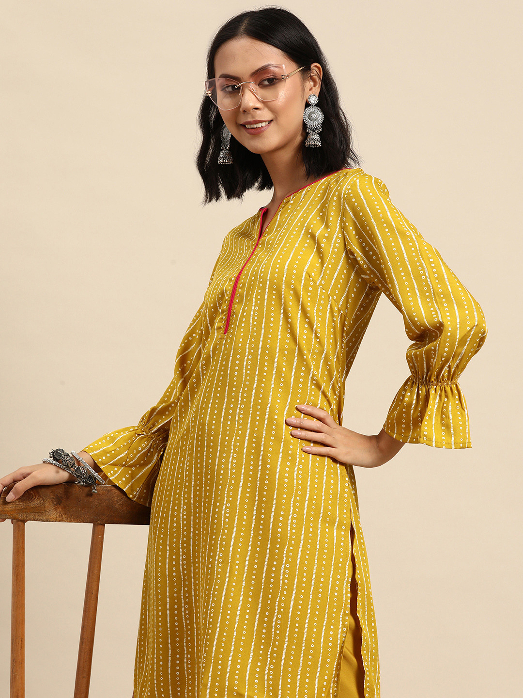 Sangria Women Bandhani Printed Regular Kurta with Dhoti Pants, Mustard
Sangria Women Bandhani Printed Regular Kurta with Dhoti Pants, Mustard