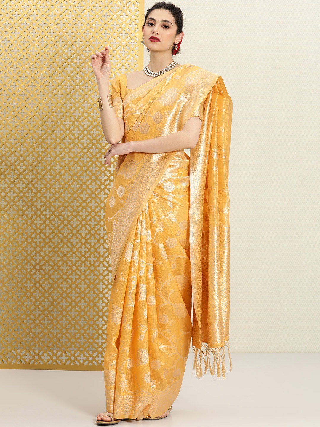 House of Pataudi Woven Design Floral Zari Linen Blend Saree, Mustard