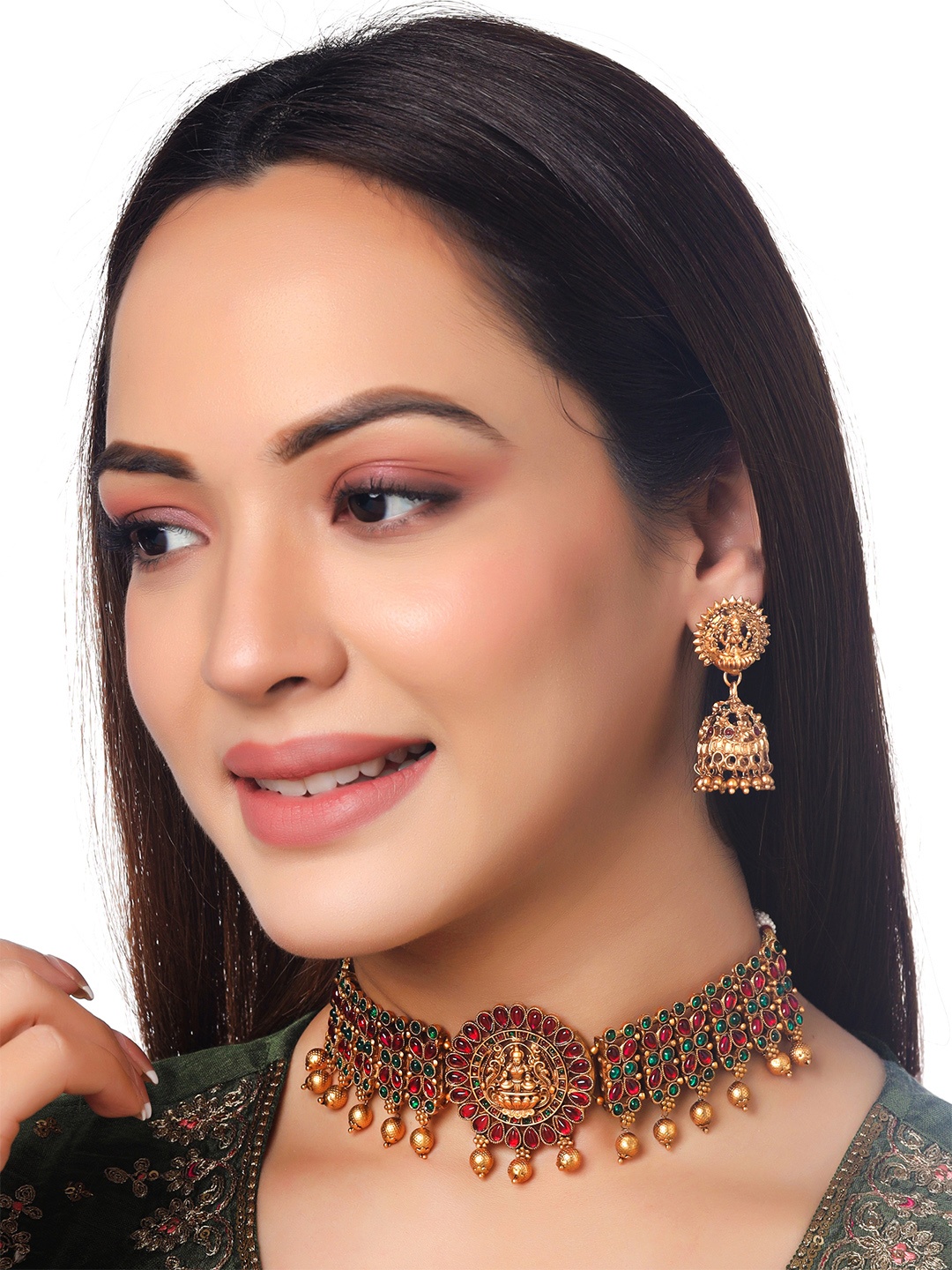 Yellow Chimes Women Gold-Plated Kundan-Studded & Beaded Temple Jewellery Set, Pink
Yellow Chimes Women Gold-Plated Kundan-Studded & Beaded Temple Jewellery Set, Pink