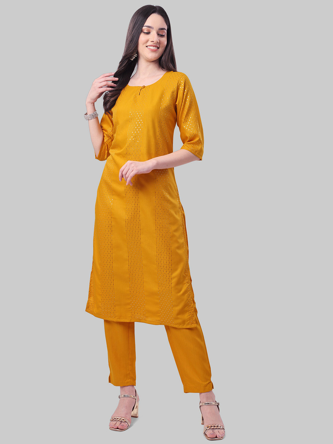 ASPORA Women Sequinned Keyhole Neck Kurta with Trousers & Dupatta, Mustard
ASPORA Women Sequinned Keyhole Neck Kurta with Trousers & Dupatta, Mustard