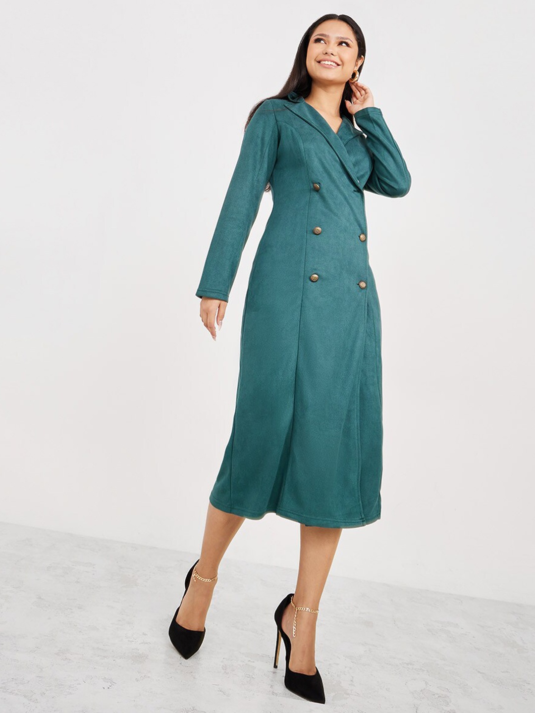 Styli Midi Long Sleeves Wrap Dress, Green