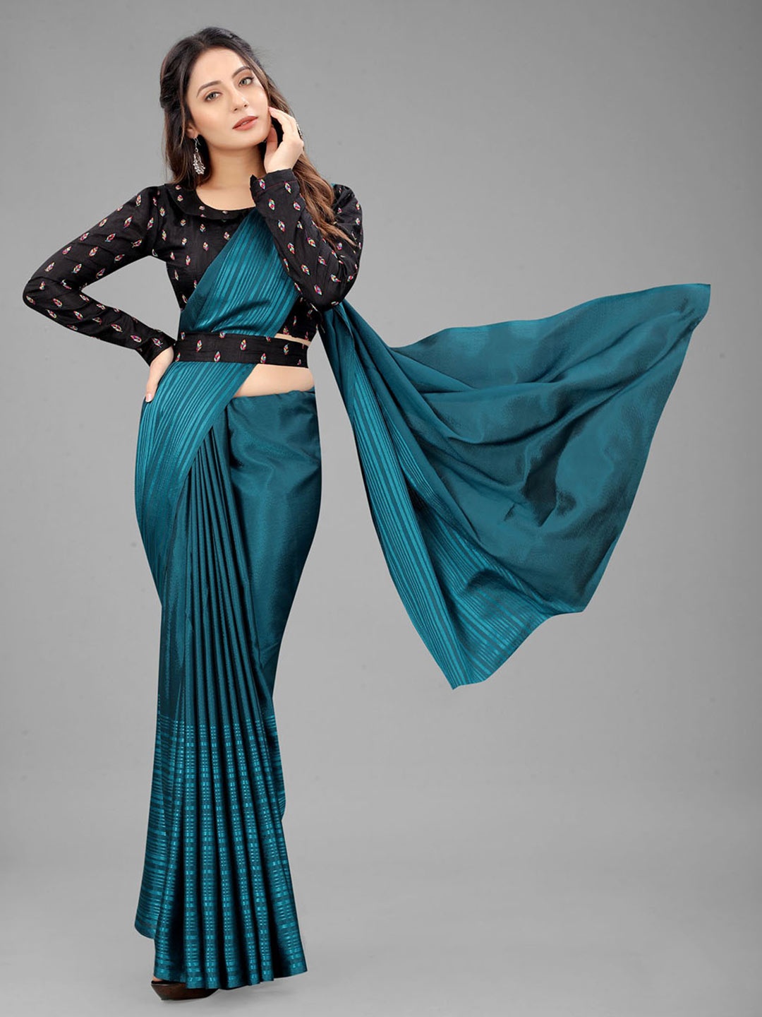 Rangrasiya Corporation Striped Satin Ikat Saree, Teal