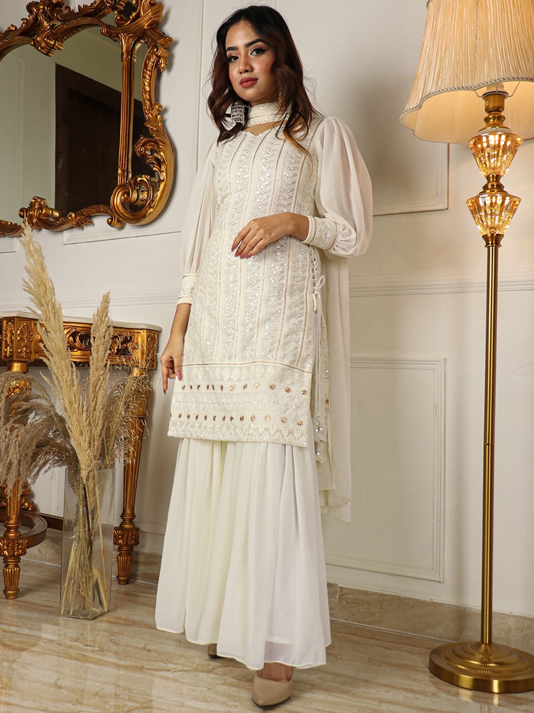 Virah Fashion Women Floral Chikankari Embroidered Kurti With Sharara & Dupatta, Cream
Virah Fashion Women Floral Chikankari Embroidered Kurti With Sharara & Dupatta, Cream