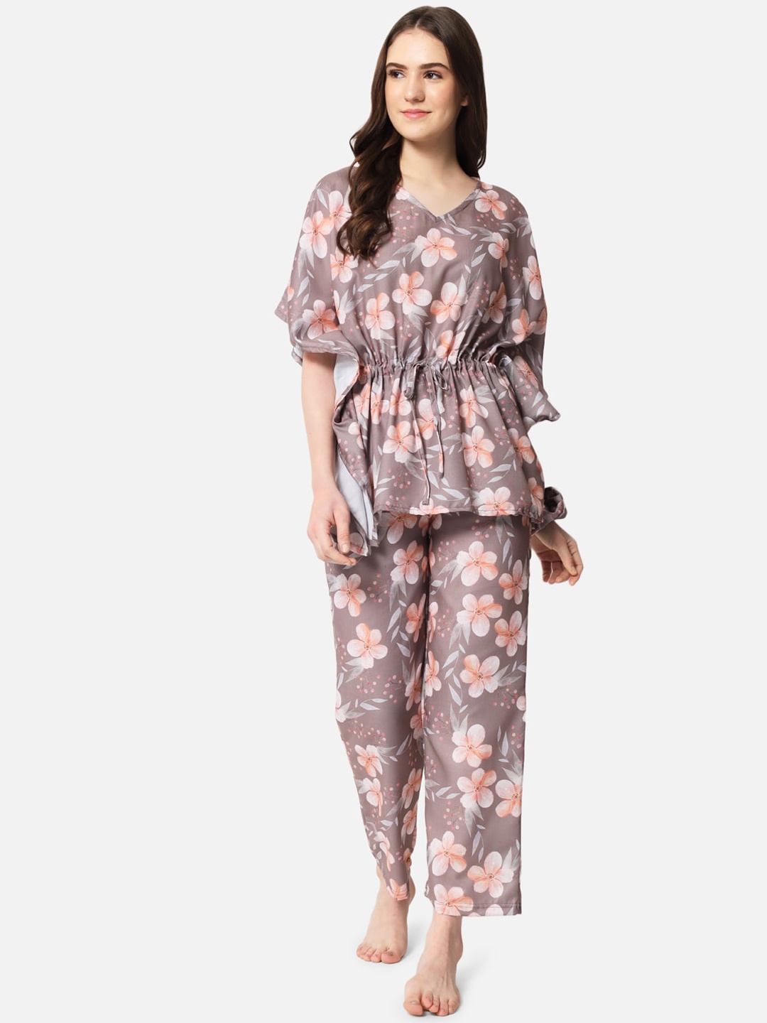 FFLIRTYGO Women Floral Printed Night suit, Brown