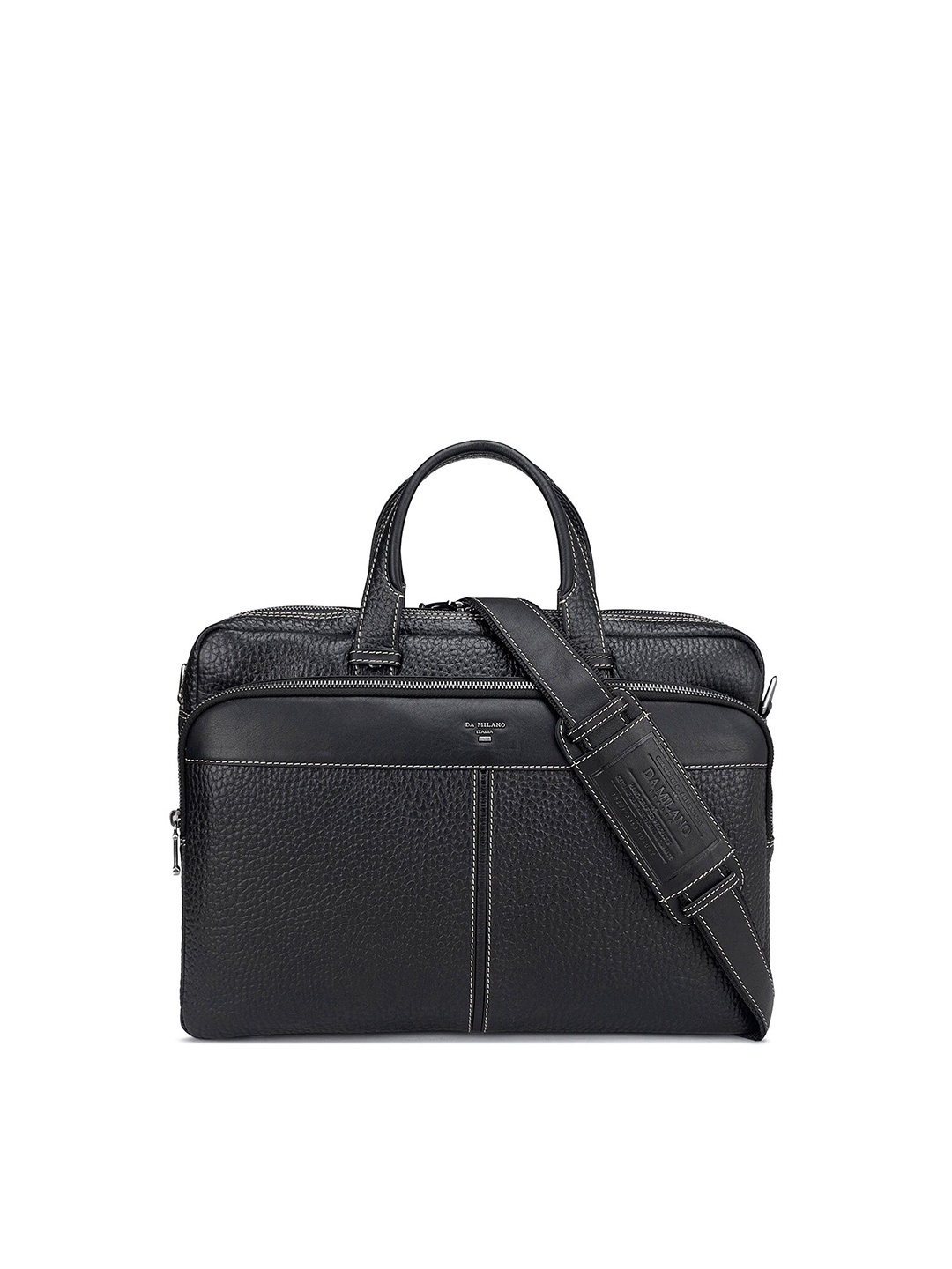 Da Milano Men Textured Leather Laptop Bag, Black