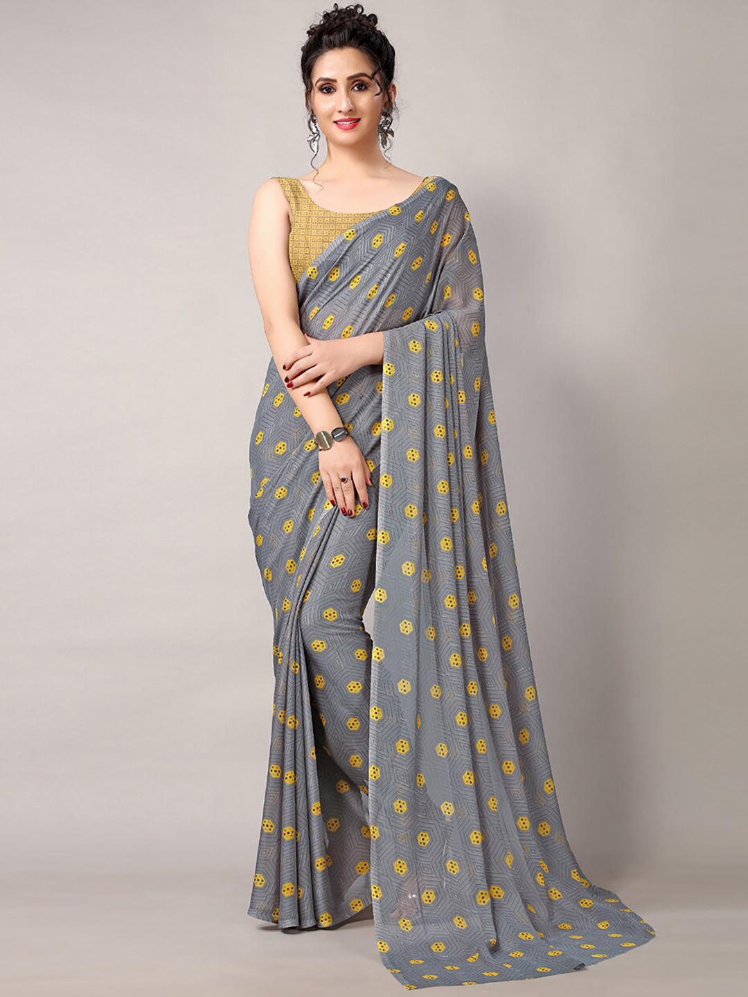 HRITIKA Georgette Printed Saree, Grey
