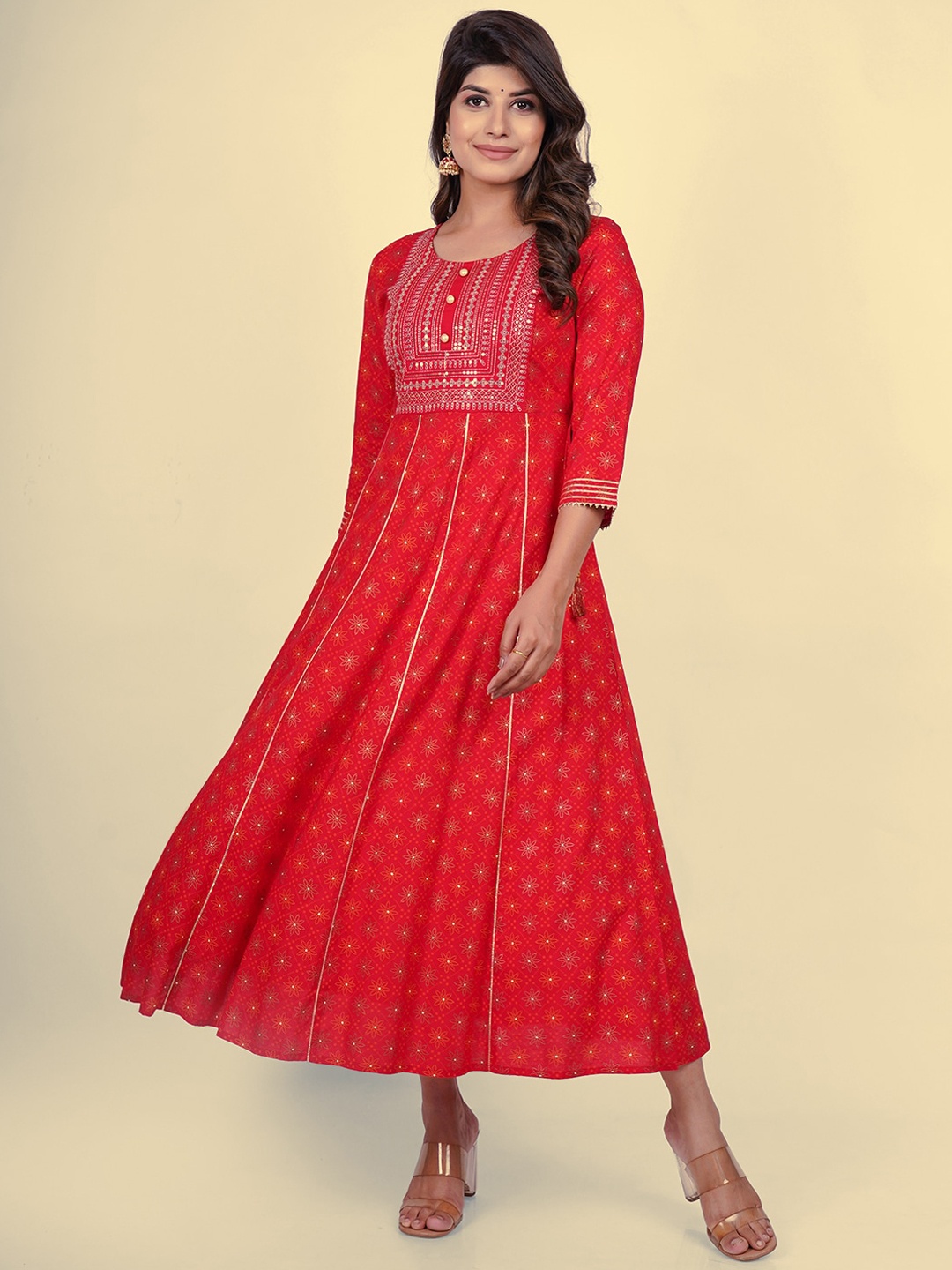 Sangria Embroidered Maxi Ethnic Dress, Red