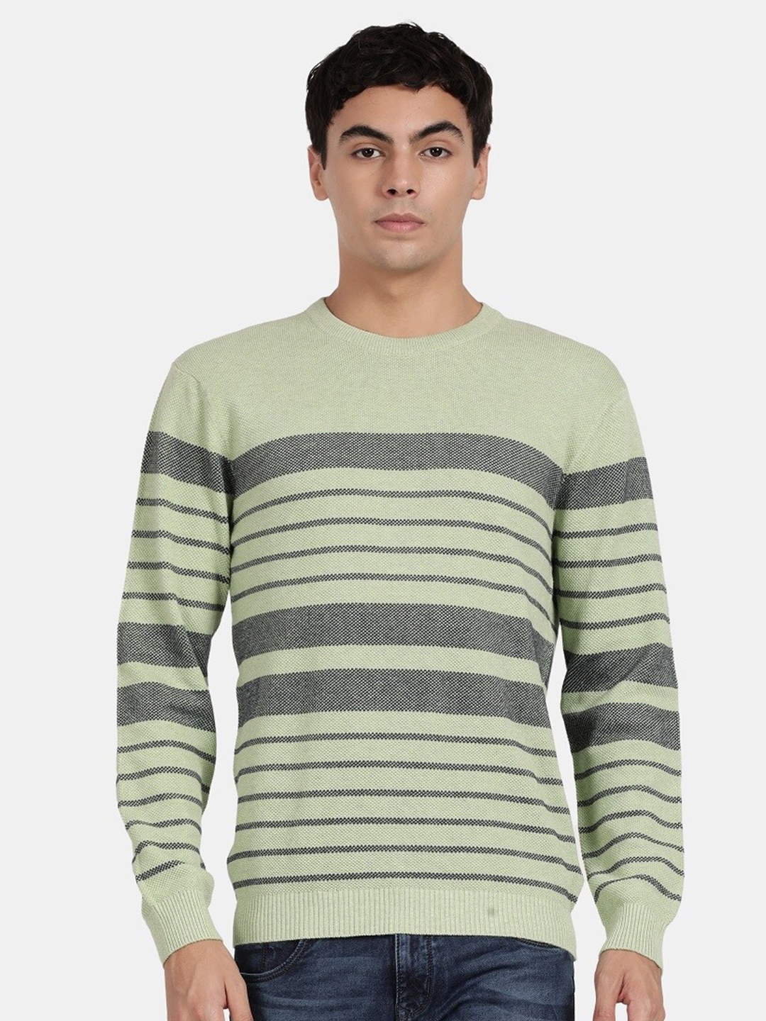 t-base Men Striped Cotton Pullover, Olive