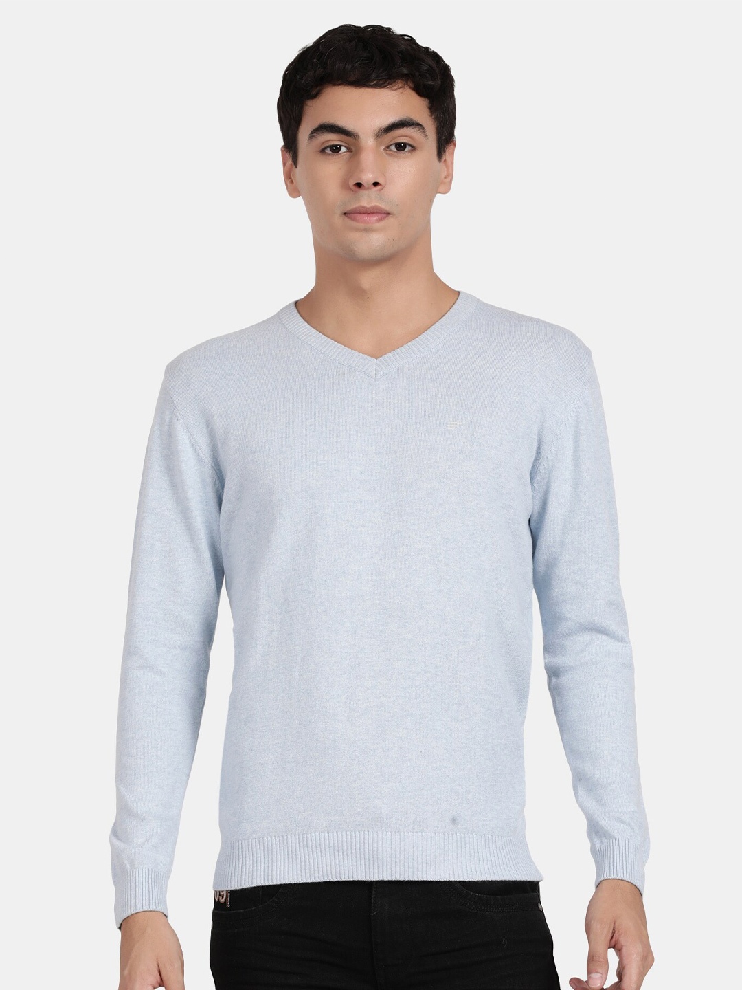 t-base Men V-Neck Cotton Pullover, Blue