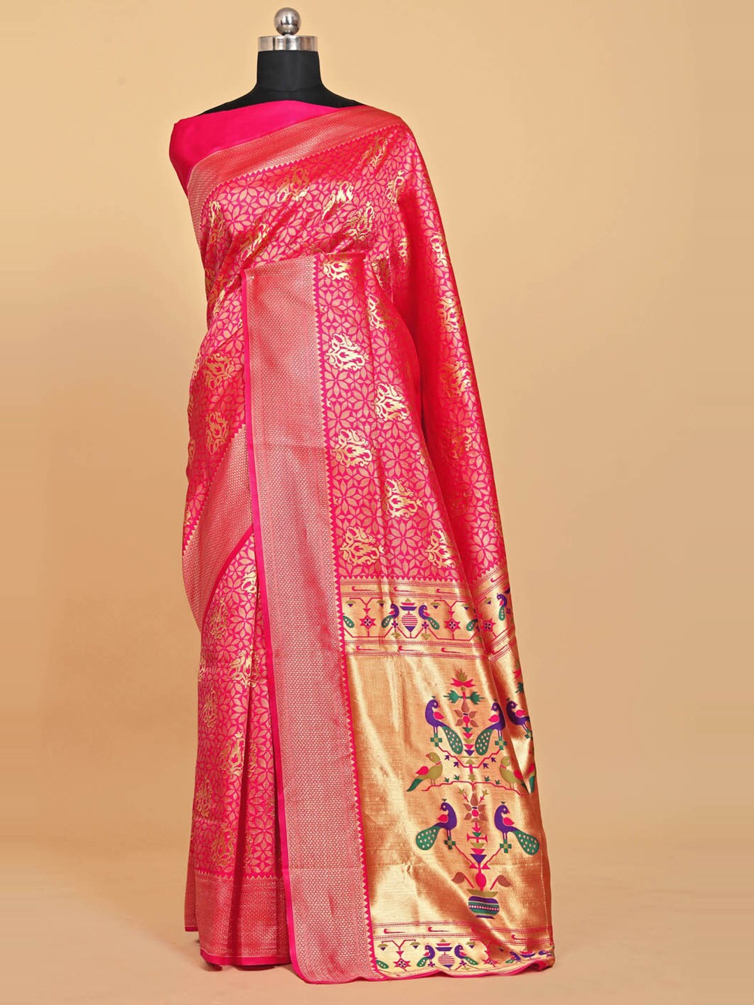 BESUCHER Woven Design Zari Silk Blend Banarasi Saree, Pink