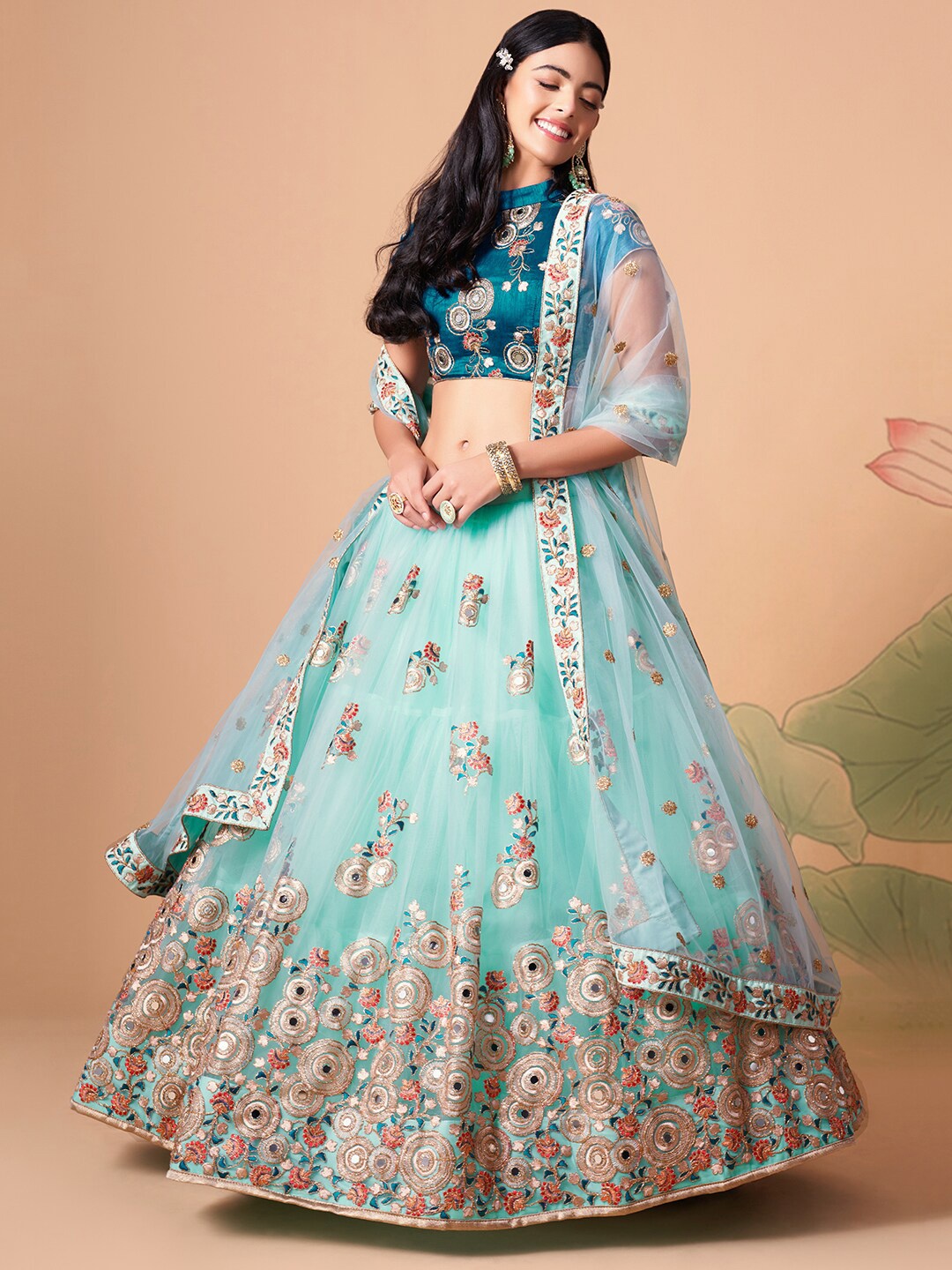 FABPIXEL Embroidered Mirror Work Semi-Stitched Lehenga & Unstitched Blouse With, Turquoise blue
FABPIXEL Embroidered Mirror Work Semi-Stitched Lehenga & Unstitched Blouse With, Turquoise blue