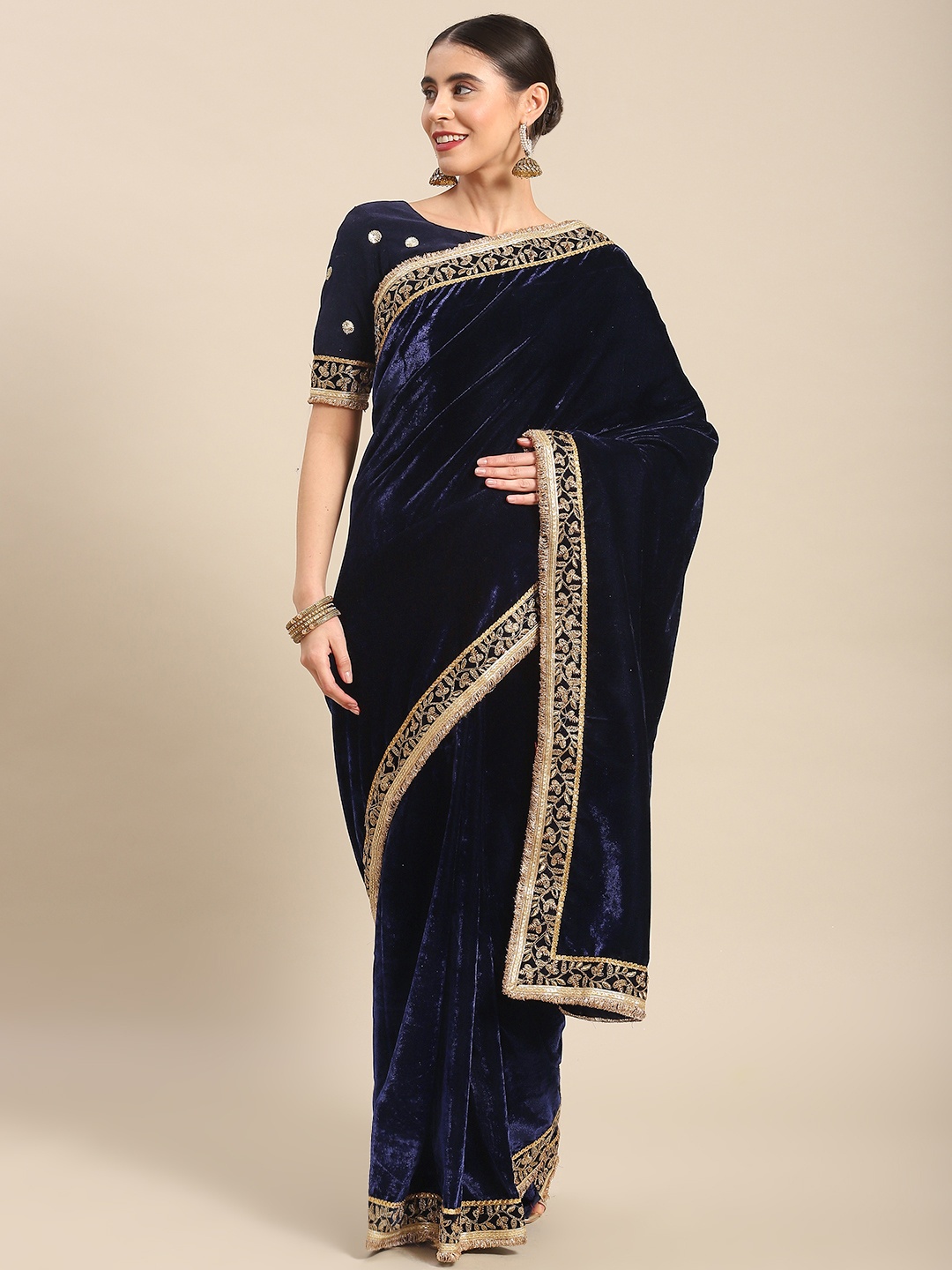 Mitera Embroidered Velvet Saree, Navy blue