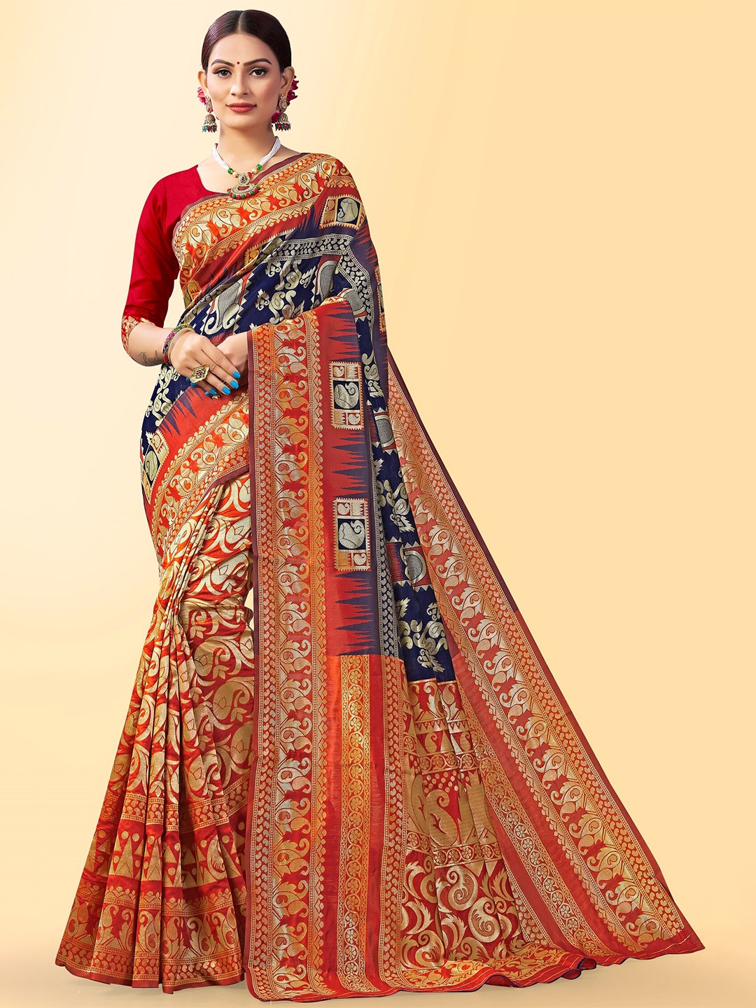 Fashion Booms Woven Design Zari Silk Blend Saree, Blue