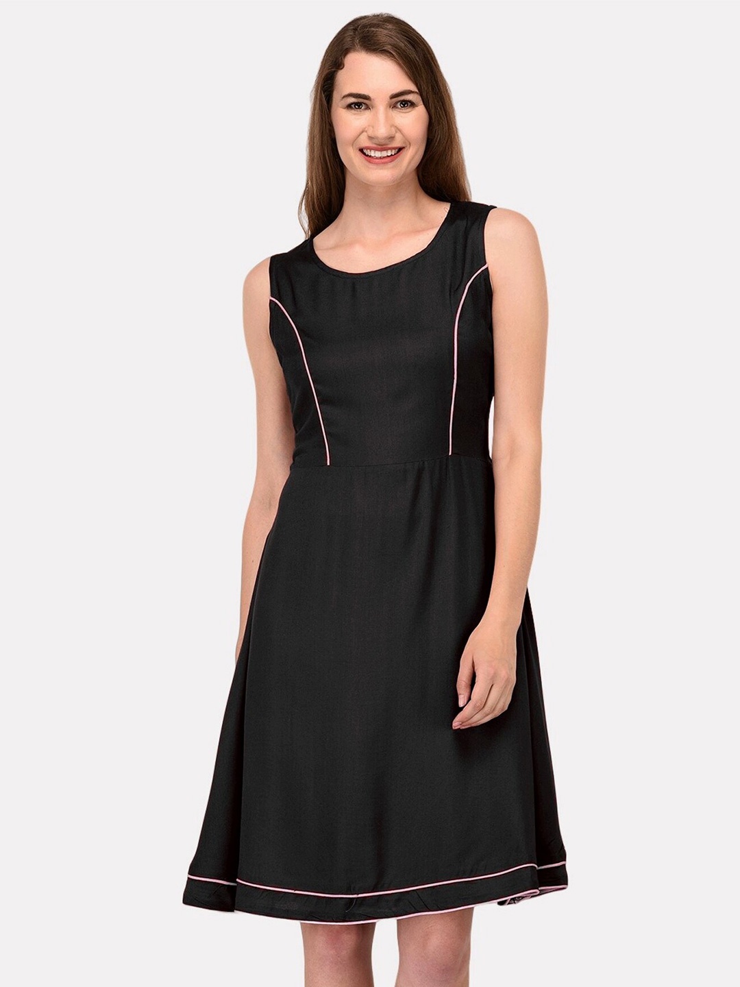 PATRORNA Above Knee Cotton A-Line Dress, Black