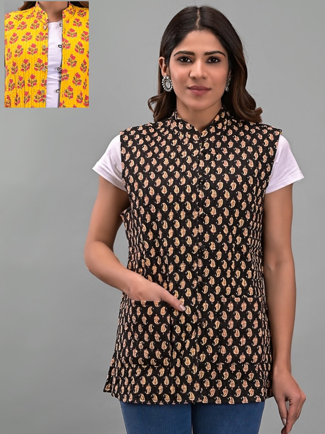 Apratim Women Ethnic Motifs Printed Cotton Reversible Longline Tailored Jacket, Black
Apratim Women Ethnic Motifs Printed Cotton Reversible Longline Tailored Jacket, Black
