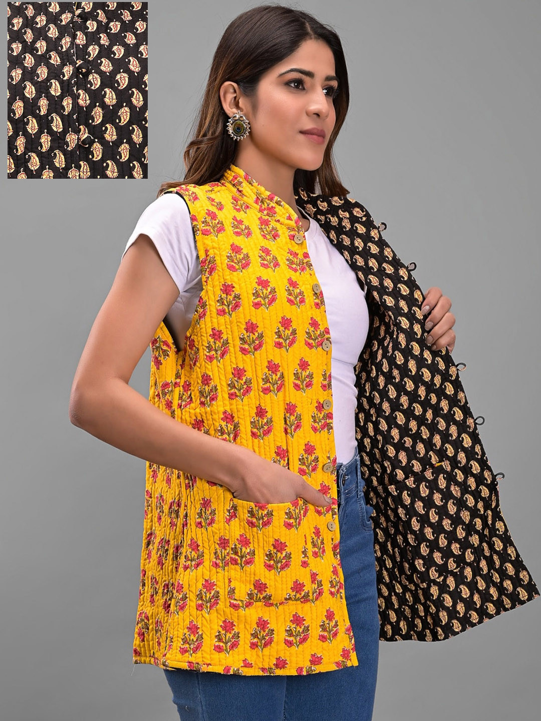 Apratim Women Floral Cotton Reversible Longline Tailored Jacket, Black
Apratim Women Floral Cotton Reversible Longline Tailored Jacket, Black