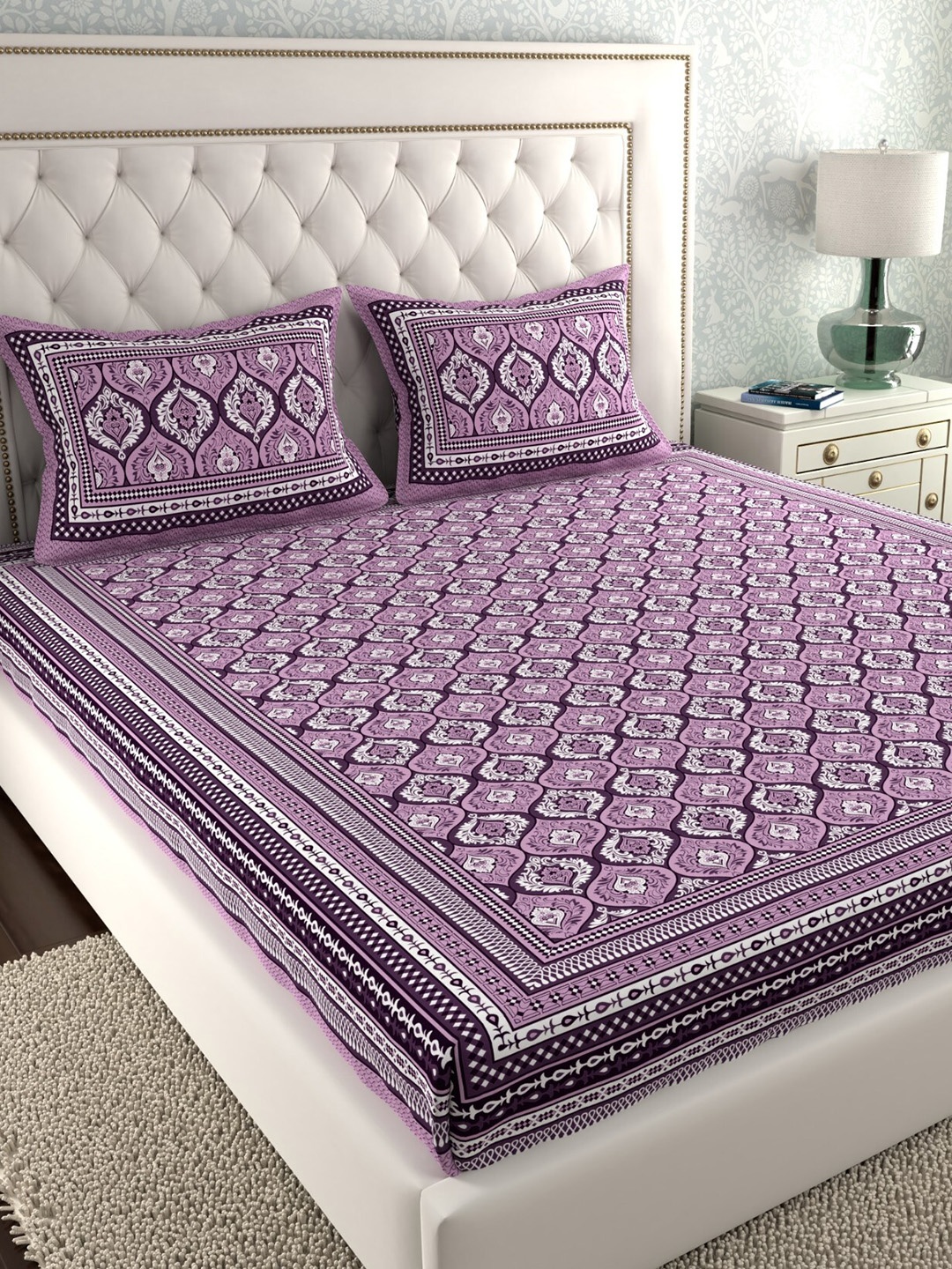 LA VERNE Purple & White Ethnic Motifs 210 TC Cotton King Bedsheet with 2 Pillow Covers
LA VERNE Purple & White Ethnic Motifs 210 TC Cotton King Bedsheet with 2 Pillow Covers