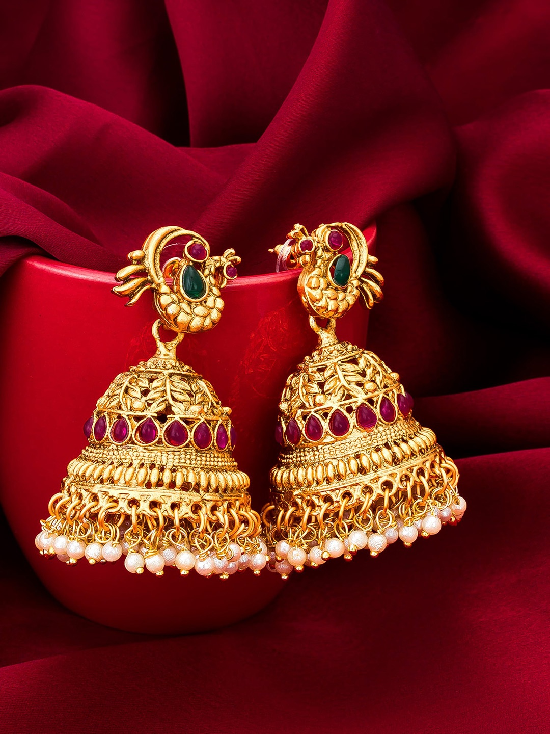 aadita Women Gold-Plated Dome Shaped Jhumkas Earrings, Red