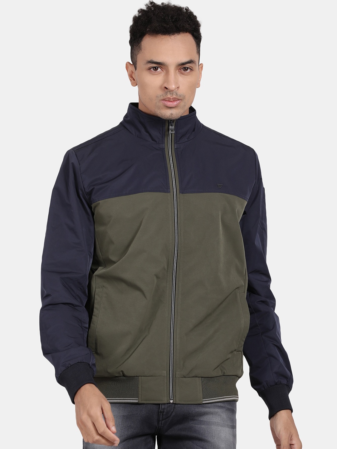 t-base Men Colourblocked Windcheater Bomber Jacket, Green