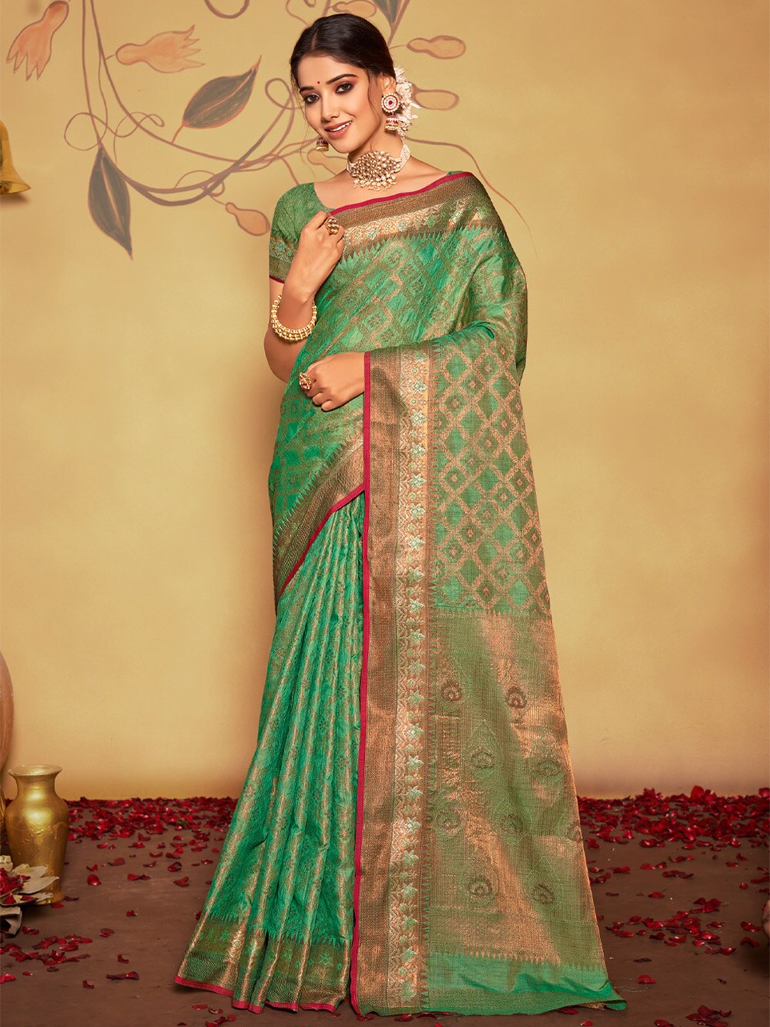 SANGAM PRINTS Woven Design Zari Banarasi Saree, Green