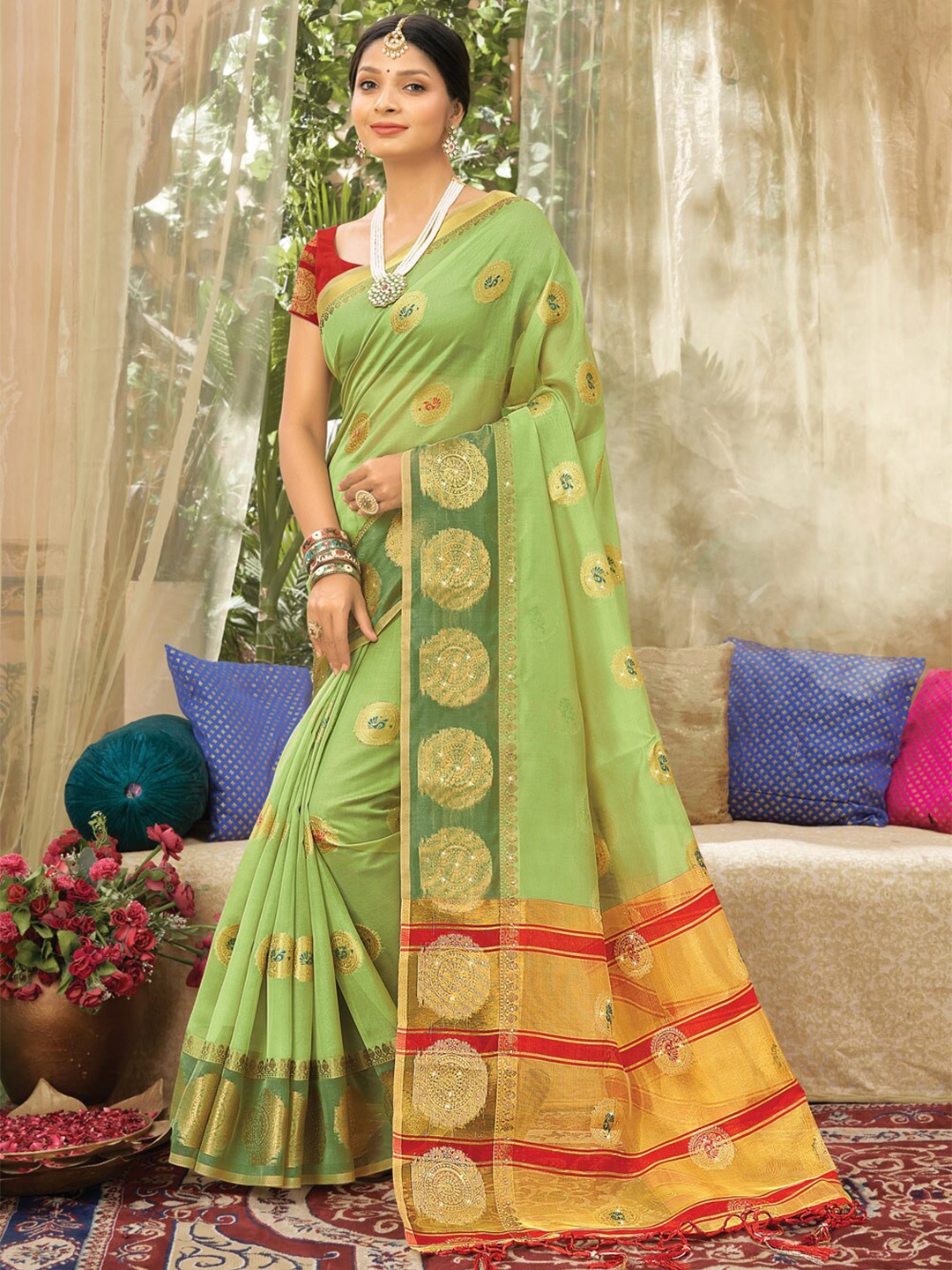SANGAM PRINTS Ethnic Motifs Zari Organza Saree, Green