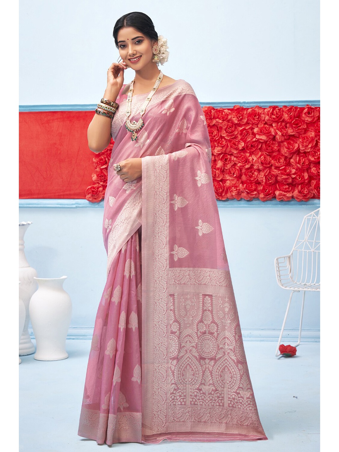 SANGAM PRINTS Woven Design Zari Saree, Pink