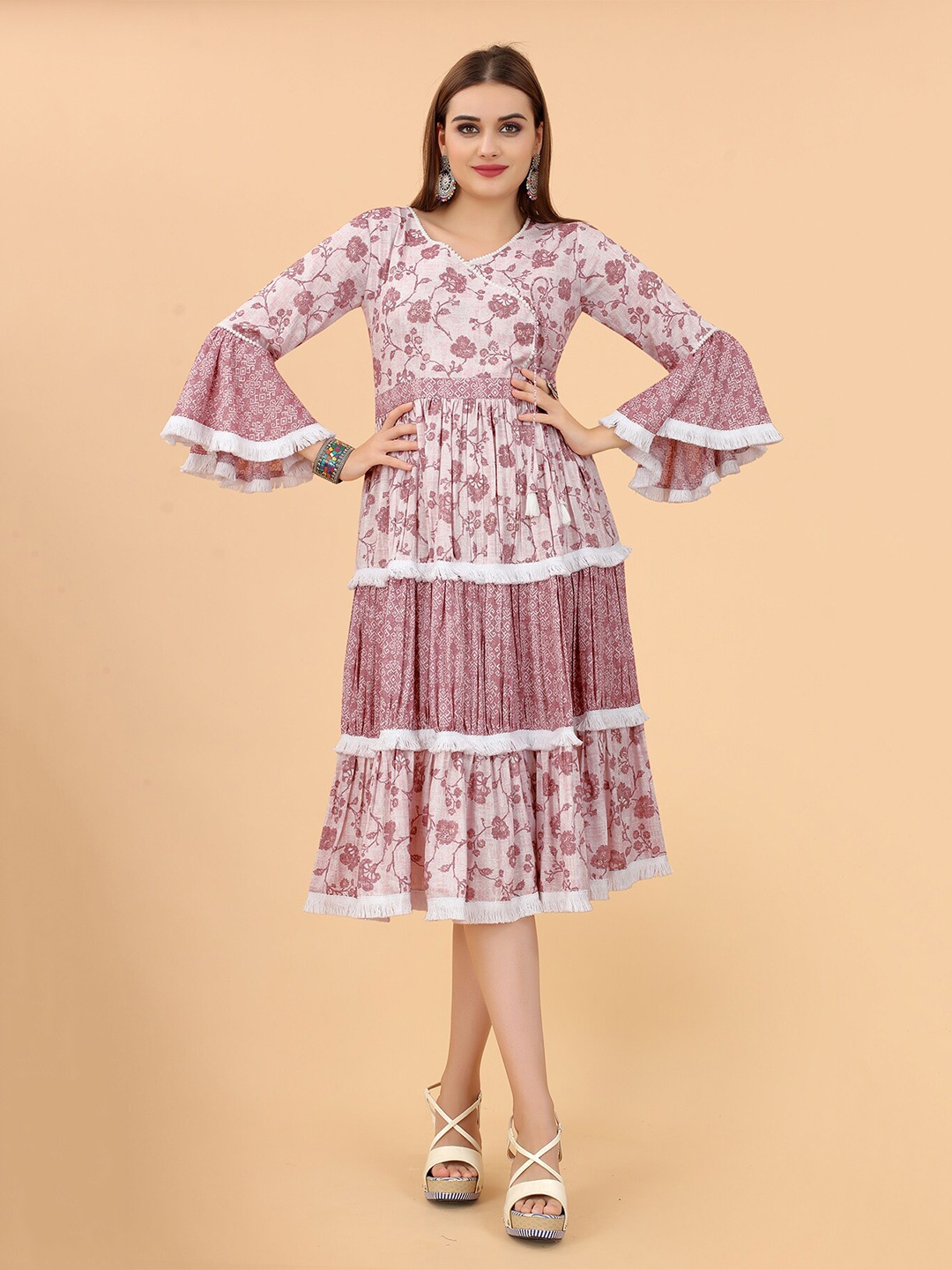 MARGI DESIGNERS Floral Printed A-Line Midi Dress, Purple