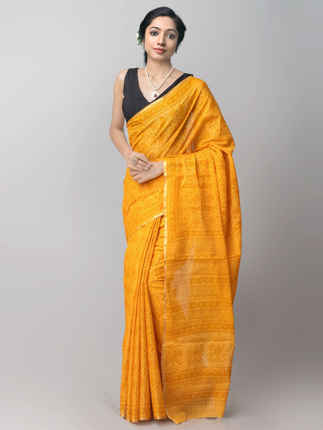 Unnati Silks Yellow & Gold-Toned Bagh Zari Pure Cotton Venkatgiri Saree