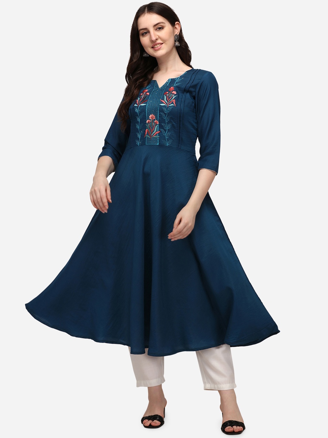 KALINI Women Floral Embroidered Thread Work Notch Neck Anarkali Cotton Kurta, Navy blue
KALINI Women Floral Embroidered Thread Work Notch Neck Anarkali Cotton Kurta, Navy blue