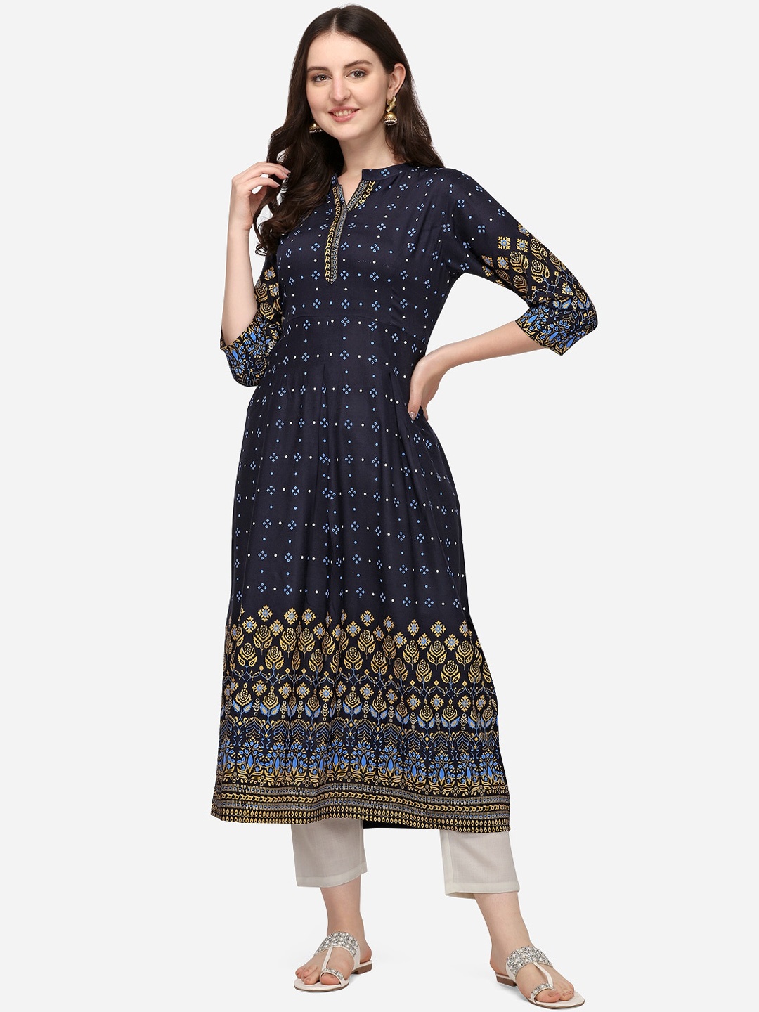 KALINI Women Navy Blue & Yellow Floral Printed Flared Sleeves Thread Work Floral Kurta