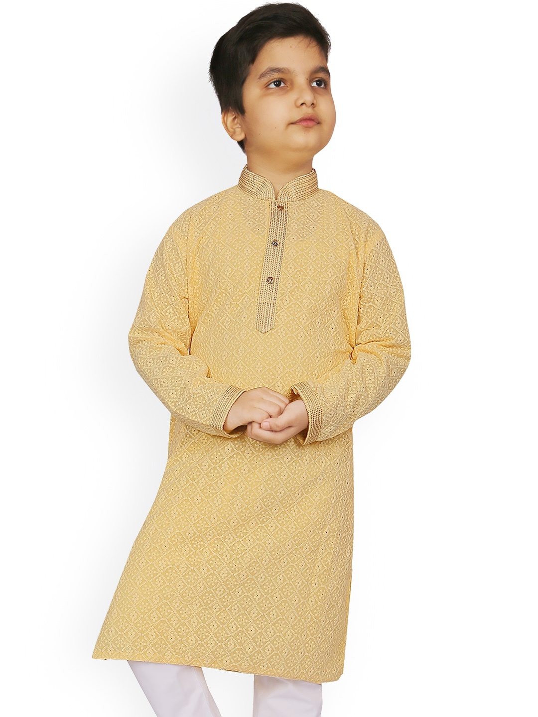KIDS FARM Boys Floral Embroidered Thread Work Silk Chiffon Kurta with Pyjamas, Yellow
KIDS FARM Boys Floral Embroidered Thread Work Silk Chiffon Kurta with Pyjamas, Yellow