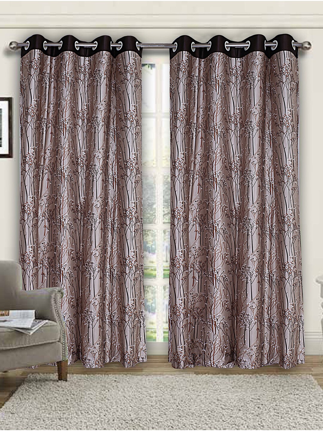 Kuber Industries Coffee Brown & White Set of 2 Floral Printed Long Door Curtains 9 Feet