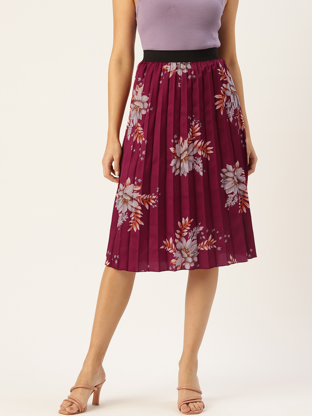 U&F Women Floral Print Flared Pleated A-Line Midi Skirt, Maroon 
U&F Women Floral Print Flared Pleated A-Line Midi Skirt, Maroon