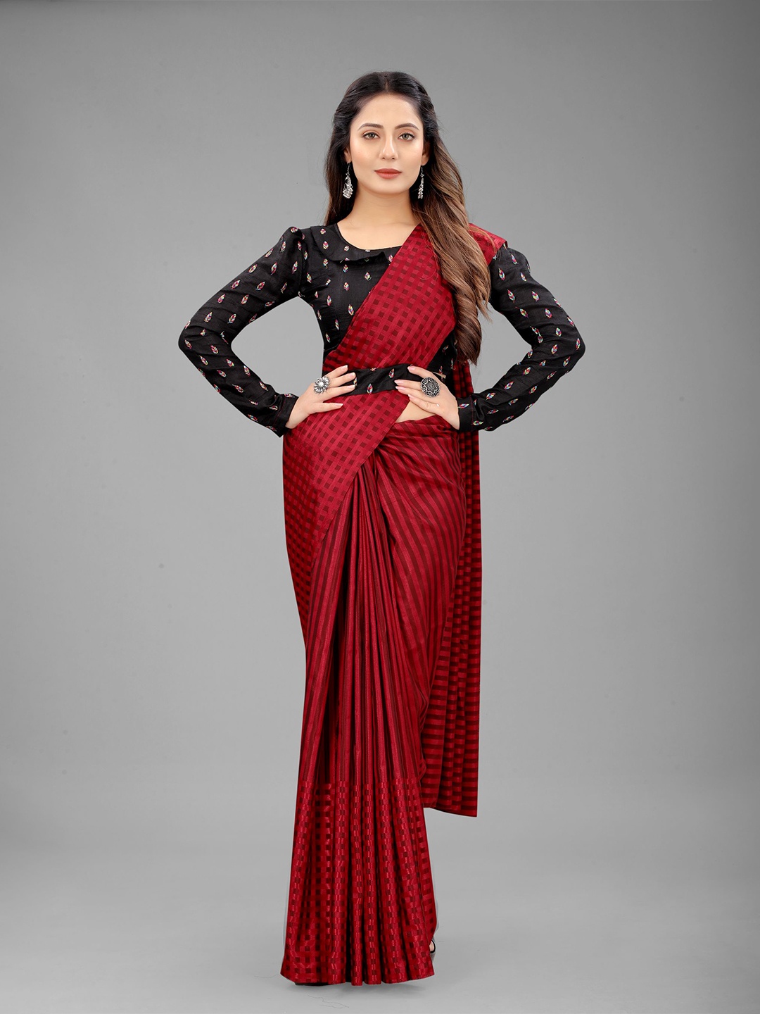 Rangrasiya Corporation Striped Satin Ikat Saree, Red