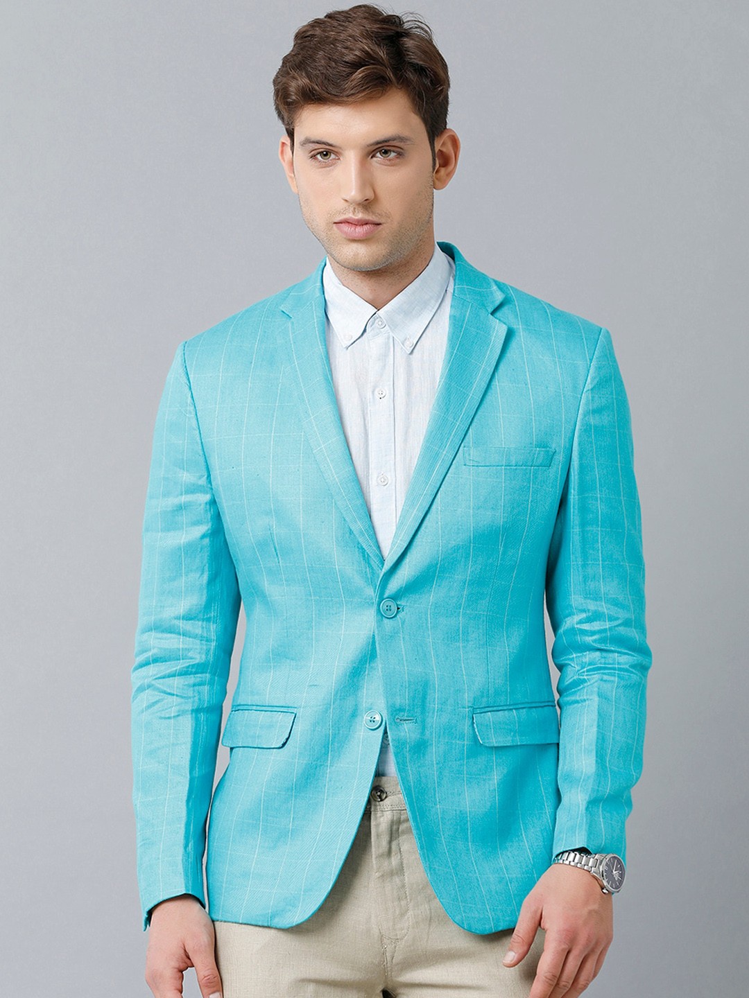 Linen Club Men Checked Pure Linen Single Breasted Notch Lapel Sustainable Blazer, Turquoise blue
Linen Club Men Checked Pure Linen Single Breasted Notch Lapel Sustainable Blazer, Turquoise blue