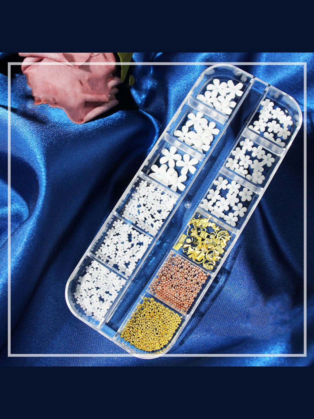 S.A.V.I. 12 Grids 3D Five Petal Flowers & Metal Beads Balls Caviar Nail Decoration, White 
S.A.V.I. 12 Grids 3D Five Petal Flowers & Metal Beads Balls Caviar Nail Decoration, White