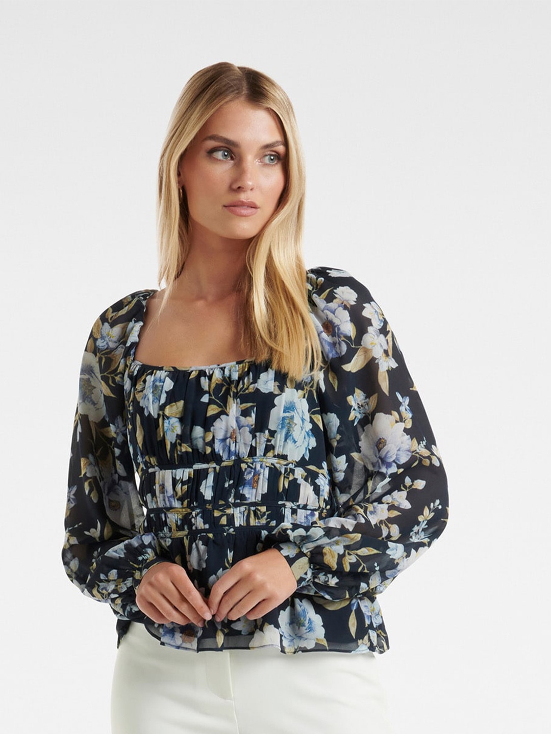 Forever New Floral Printed Square Neck Cinched Waist Top, Navy blue
