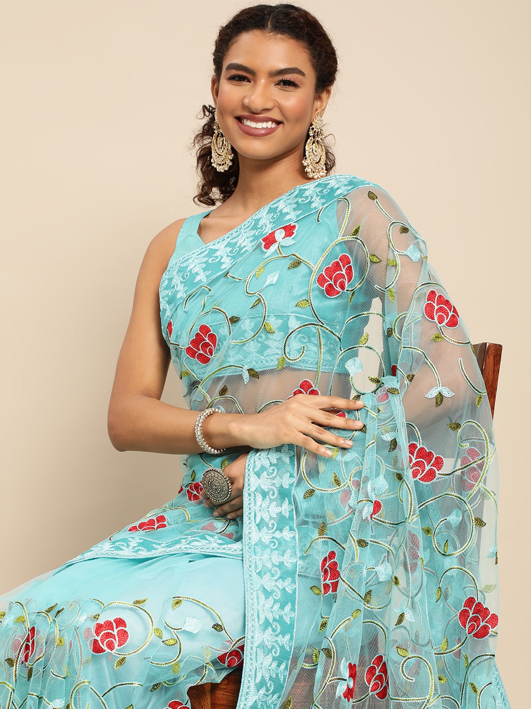 HERE&NOW Floral Embroidered Net Saree, Blue