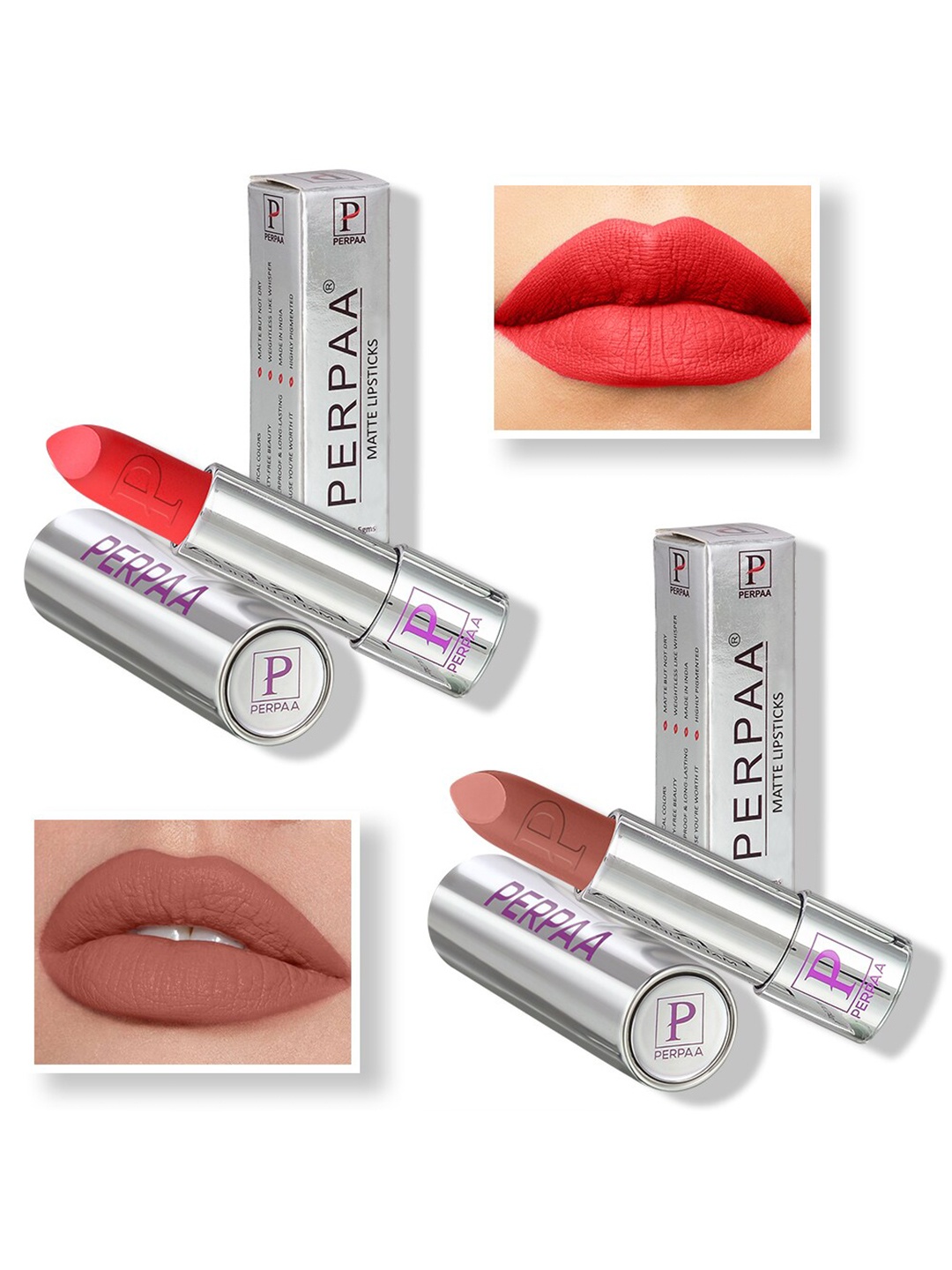 PERPAA Set of 2 Push Button Matte Lipstick 3.5g each- Matte Orange 193 & Innocent Nude 306
PERPAA Set of 2 Push Button Matte Lipstick 3.5g each- Matte Orange 193 & Innocent Nude 306