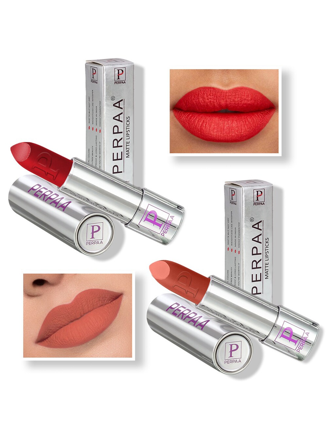 PERPAA Set of 2 Push Button Matte Lipstick 3.5g each - Matte Orange 193 & Rust Brown 301
PERPAA Set of 2 Push Button Matte Lipstick 3.5g each - Matte Orange 193 & Rust Brown 301