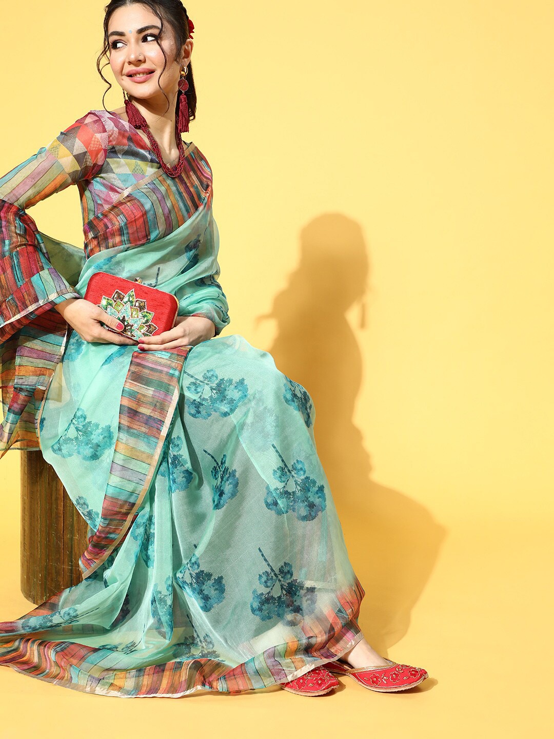 Saree mall Floral Printed Festive Sarees, Sea green