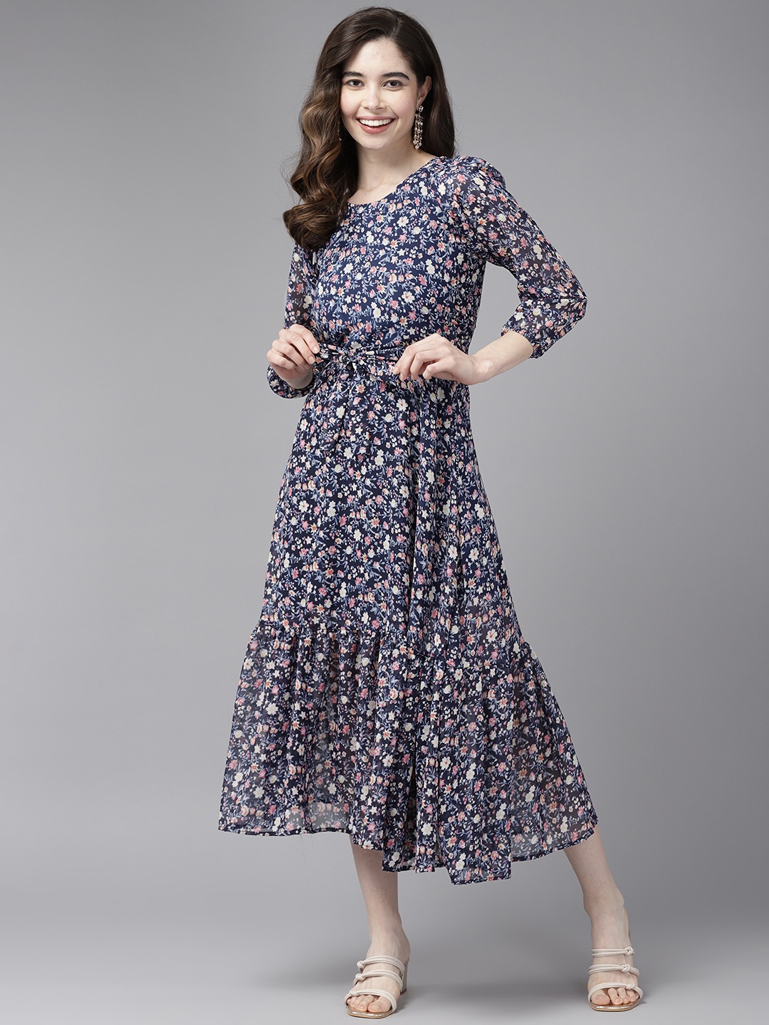 Aarika Floral Georgette Midi Dress, Navy blue