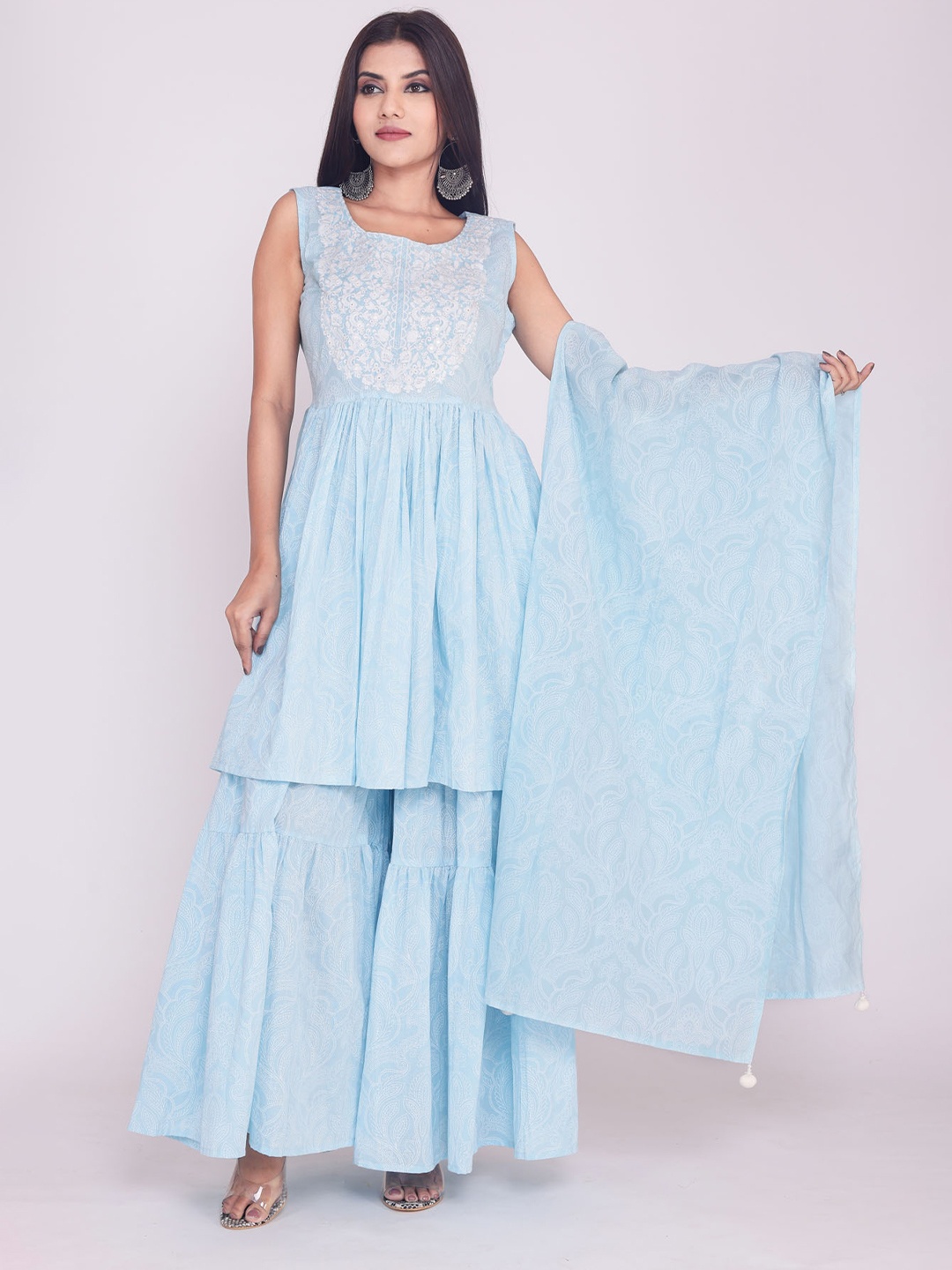 FASHION DWAR Women Floral Printed Mirror Work Pure Cotton Kurti With Sharara & Dupatta, Blue
FASHION DWAR Women Floral Printed Mirror Work Pure Cotton Kurti With Sharara & Dupatta, Blue