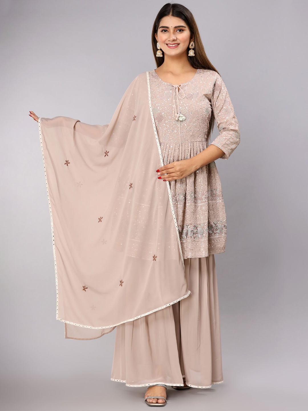 FASHION DWAR Women Floral Embroidered Mirror Work Kurti With Sharara & With Dupatta, Beige
FASHION DWAR Women Floral Embroidered Mirror Work Kurti With Sharara & With Dupatta, Beige